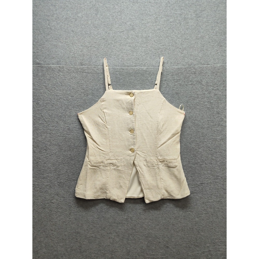 Kirious Women Vest Top S Beige Button Front Square Neck Pockets Summer Waistcoat